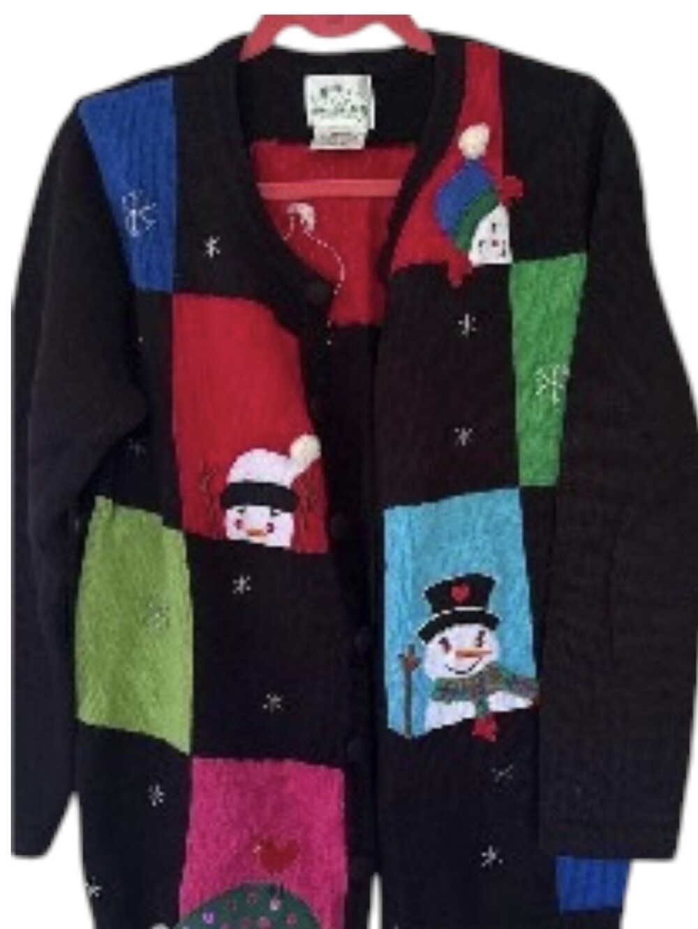 Quacker Factory Christmas Snowman Colorblock Sweater Cardigan NWOT